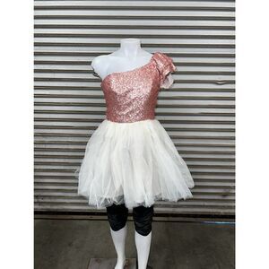 Asos dress evening tulle skirt pink sequined tip asymmetrical one sleeve